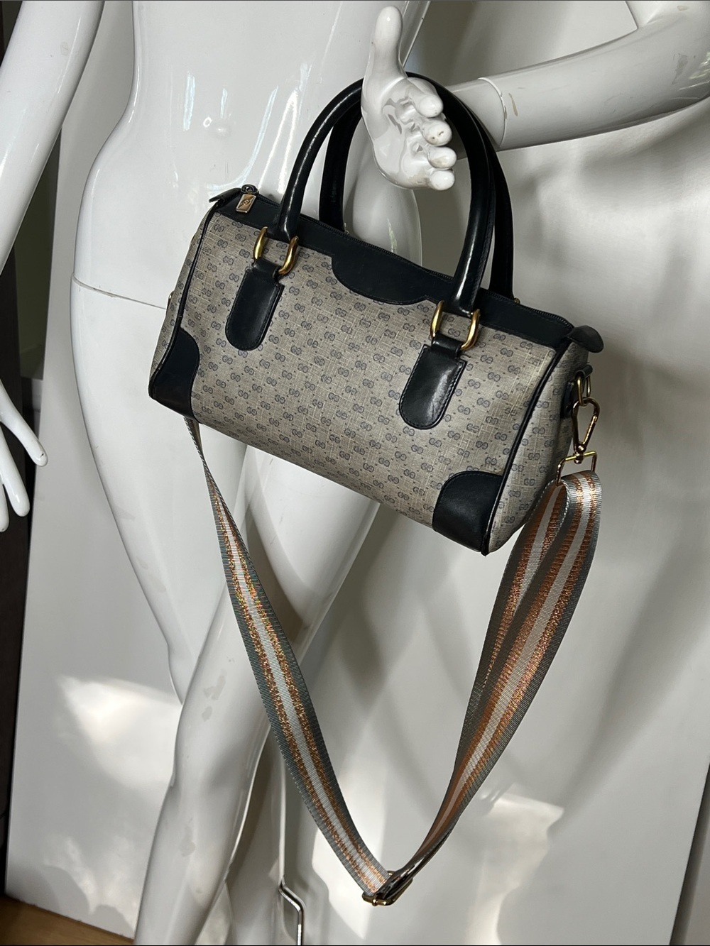 Vintage Gucci Micro GG Monogram Boston Bag Blue Leather Trim 2 Crossbody Straps